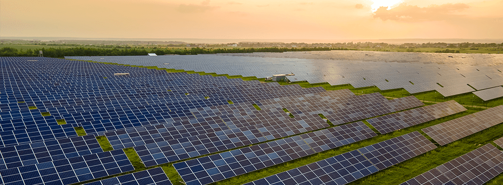 An array of sustainable panels and sundown